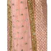 Elegant pink kurta covered in scalloped gold work, paired with matching ruffled pants designed with a draw string to fit any size waist. Finish this look with matching pink glittery dupatta by draping it on shoulder.