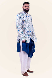 Tropical and luxurious sherwani worn with soft comfortable kafni style kurta, paired with salwar style drawstring pants.