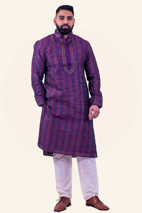 Masculine deep purple light weight kurta with copper detail on collar and suddle elegant print throughout the kurta. Paired with white bottoms.