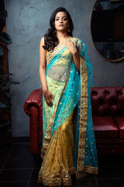 Pre-pleated two-toned warp around sari comes with hooks for easy wear. Can accommodate up to 5 bridesmaids.