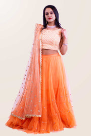 Exquisite two piece peach lehenga with textured blouse, paired with peach skirt with tulle and glitter at the bottom. Finish this look by draping matching net dupatta with gold trim on shoulders/ shoulder.