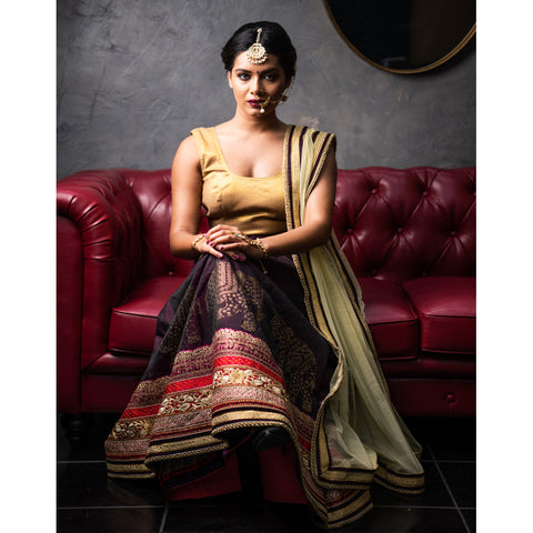 Lehenga with gold work on border and contrast dupattaExquisite eggplant skirt with gold elephant embroidery on multicolor border. Paired with gold blouse and color contrasting net dupatta for draping.