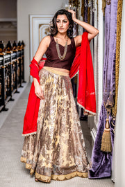 Radiant two piece lehenga, paired with deep chocolate blouse. Beige skirt covered in copper and gold metallic embroidery. Finish this look by draping color blocking red dupatta on shoulders/ shoulder.