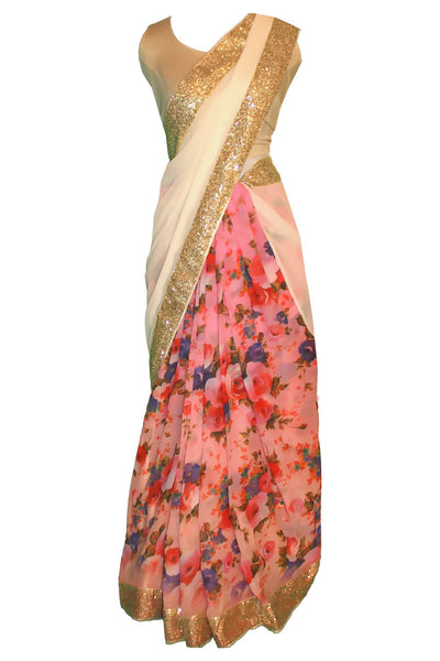 Gorgeous pink floral chiffon sari. Print consists of deep purple and pink roses, paired with sparkly golden border that matches gold pallu. 